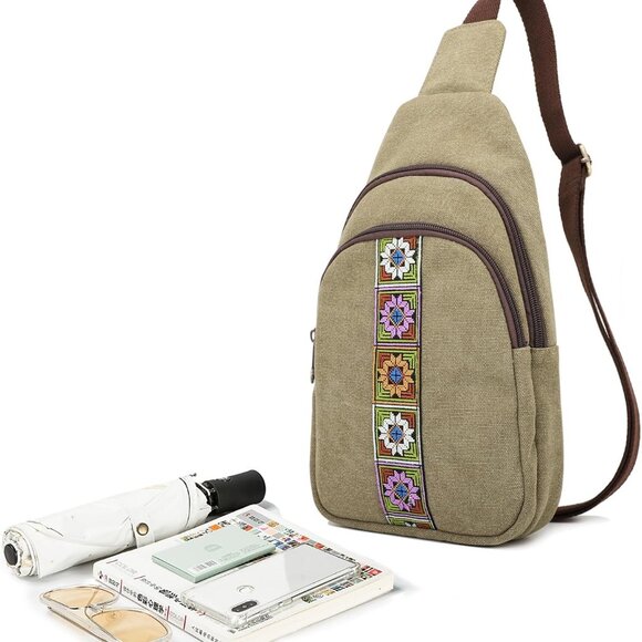 Canvas Sling Bag for Women Small Crossbody Purse Travel Hiking Chest Bag - Picture 7 of 7